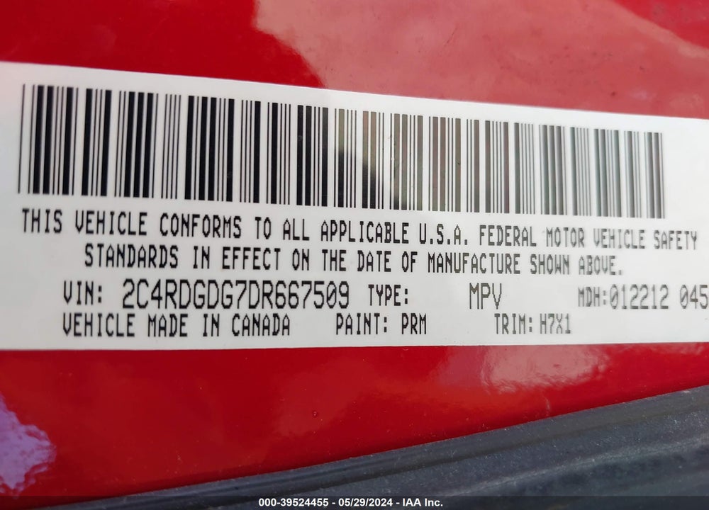 2013 DODGE GRAND CARAVAN CREW VIN: 2C4RDGDG7DR667509