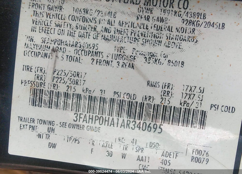 2010 FORD FUSION VIN: 3FAHP0HA1AR340695