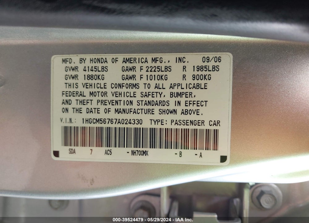 2007 HONDA ACCORD 2.4 EX VIN: 1HGCM56767A024330