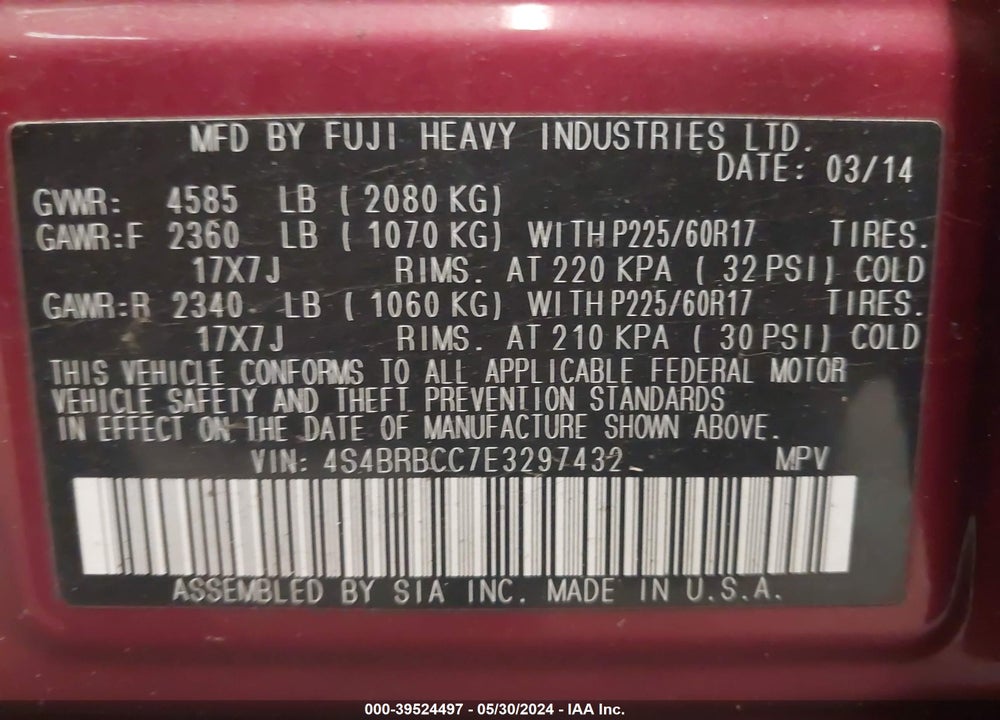 2014 SUBARU OUTBACK 2.5I PREMIUM VIN: 4S4BRBCC7E3297432