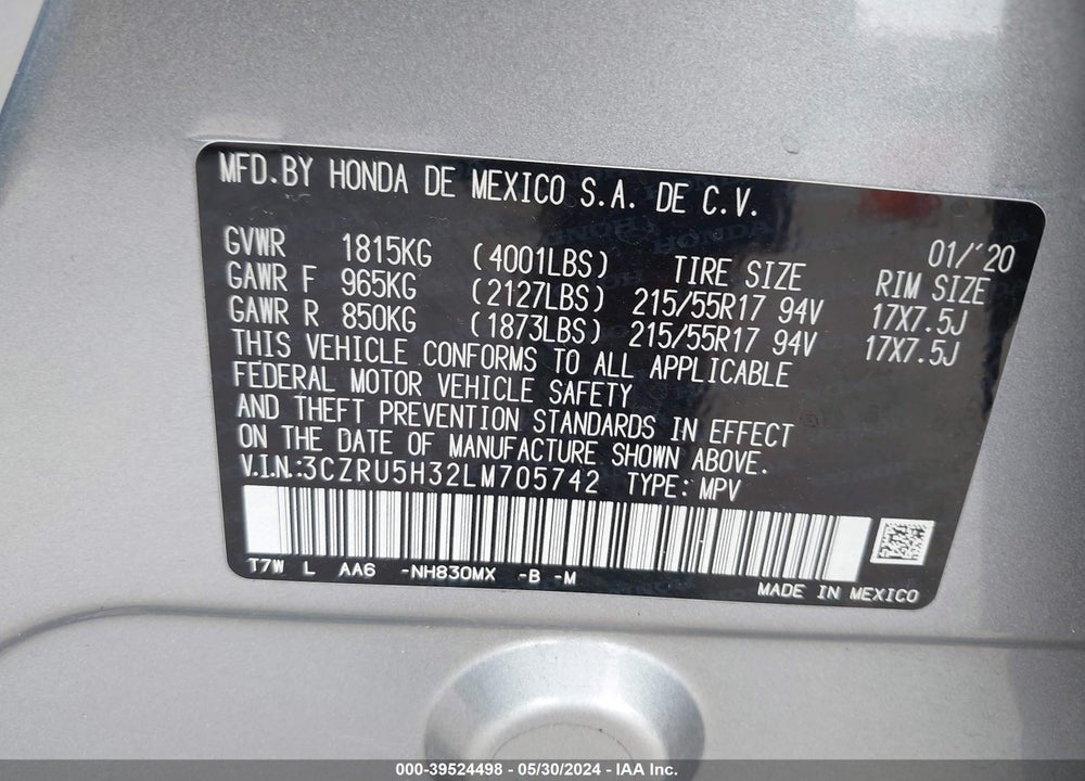 2020 HONDA HR-V VIN: 3CZRU5H32LM705742