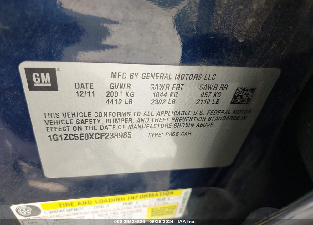 2012 CHEVROLET MALIBU 1LT VIN: 1G1ZC5E0XCF238985