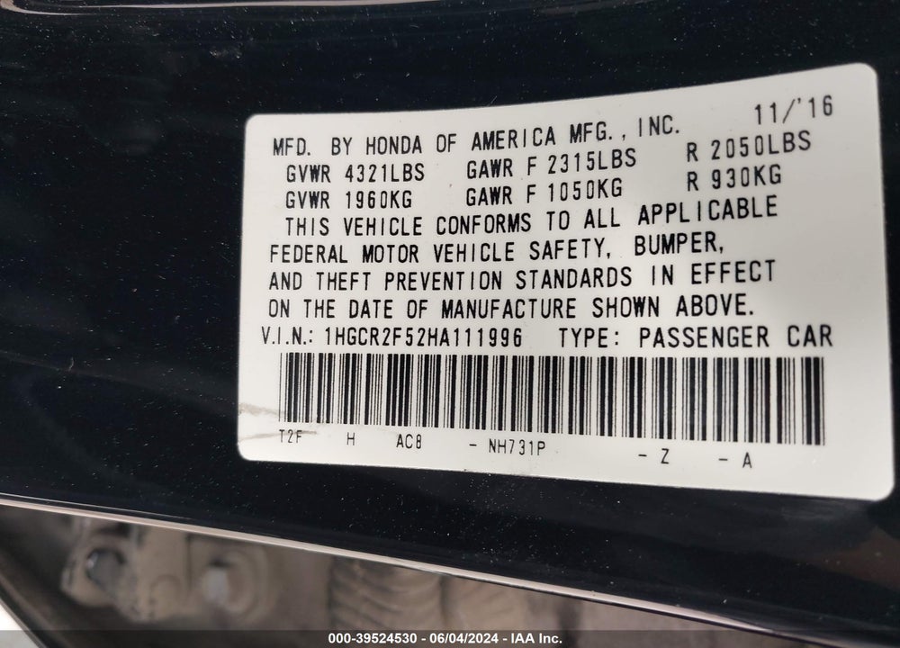 2017 HONDA ACCORD SPORT VIN: 1HGCR2F52HA111996