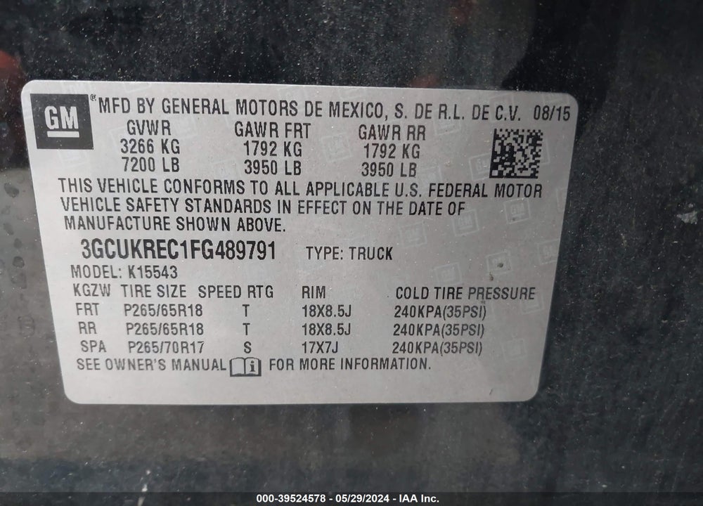 2015 CHEVROLET SILVERADO 1500 2LT VIN: 3GCUKREC1FG489791