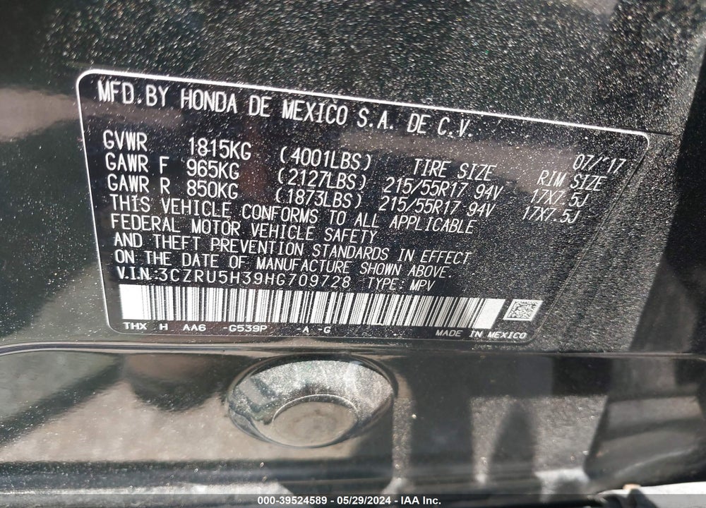 2017 HONDA HR-V LX VIN: 3CZRU5H39HG709728