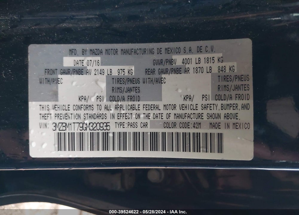 2016 MAZDA 3 VIN: 3MZBM1T79GM320935