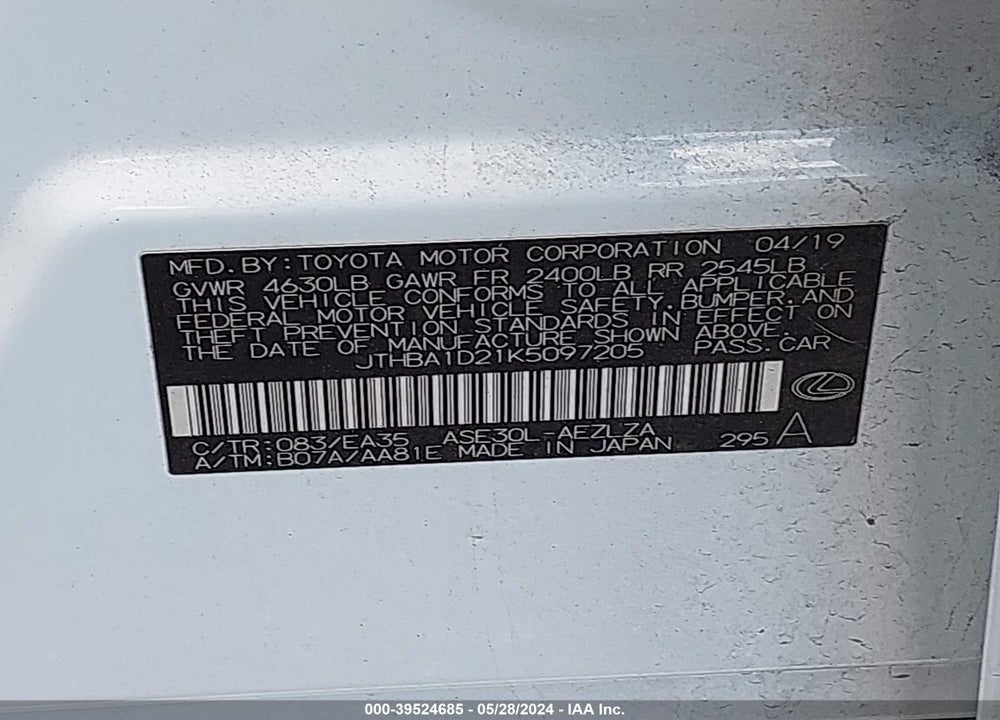 2019 LEXUS IS 300 VIN: JTHBA1D21K5097205