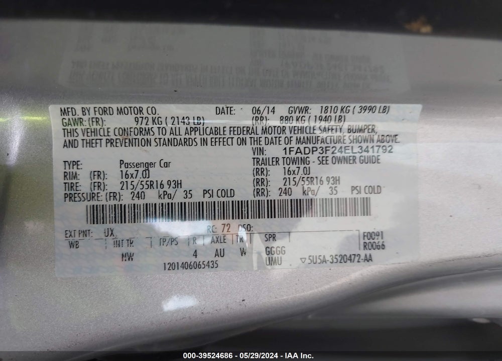 2014 FORD FOCUS SE VIN: 1FADP3F24EL341792