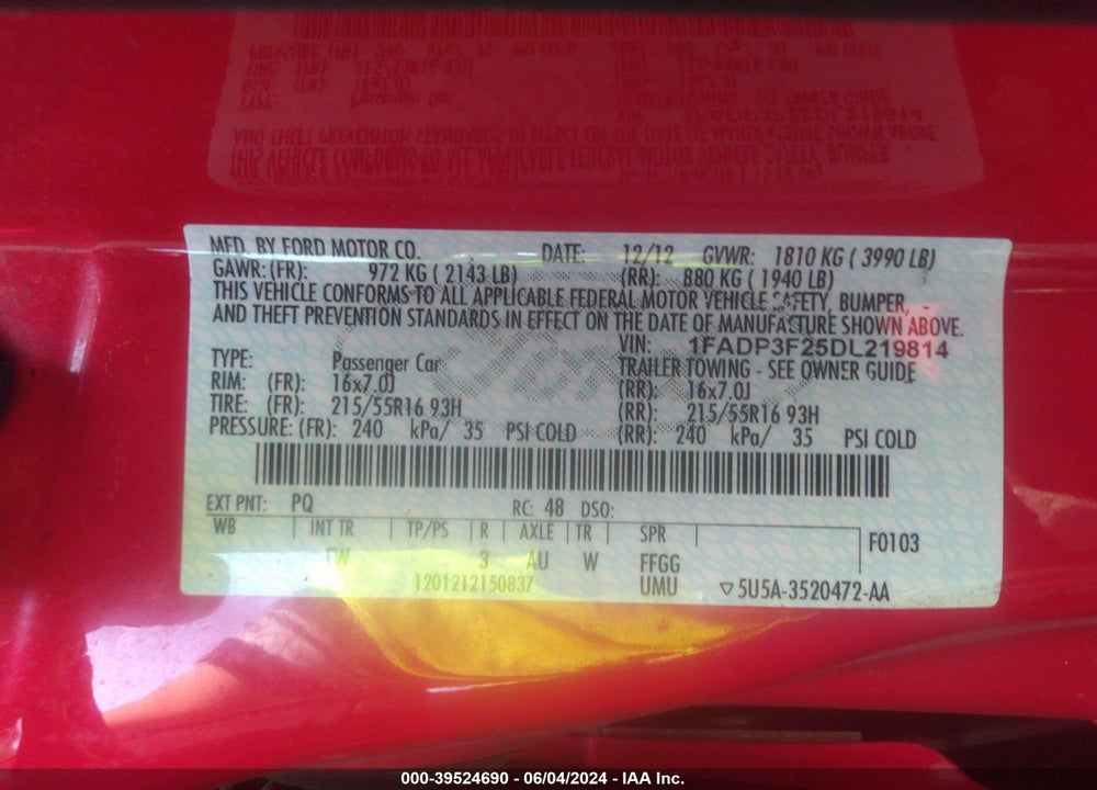 2013 FORD FOCUS SE VIN: 1FADP3F25DL219814