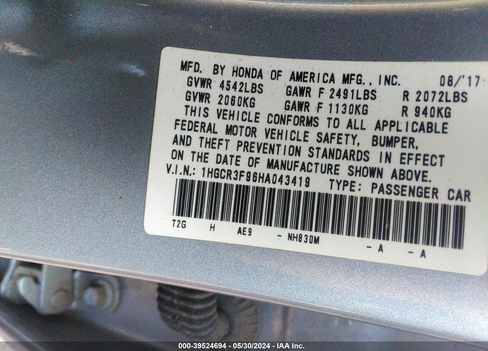 2017 HONDA ACCORD TOURING V6 VIN: 1HGCR3F96HA043419