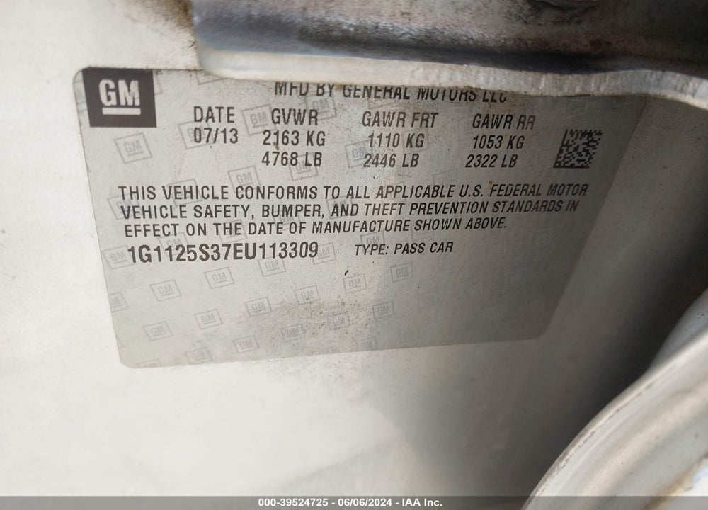 2014 CHEVROLET IMPALA 2LT VIN: 1G1125S37EU113309
