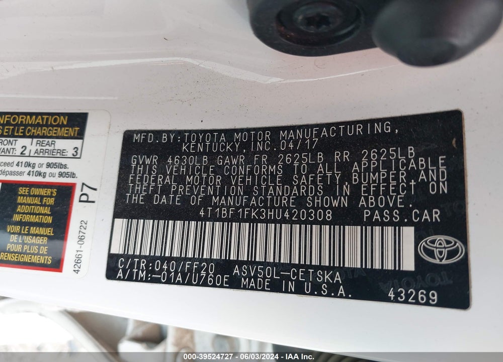 2017 TOYOTA CAMRY SE VIN: 4T1BF1FK3HU420308