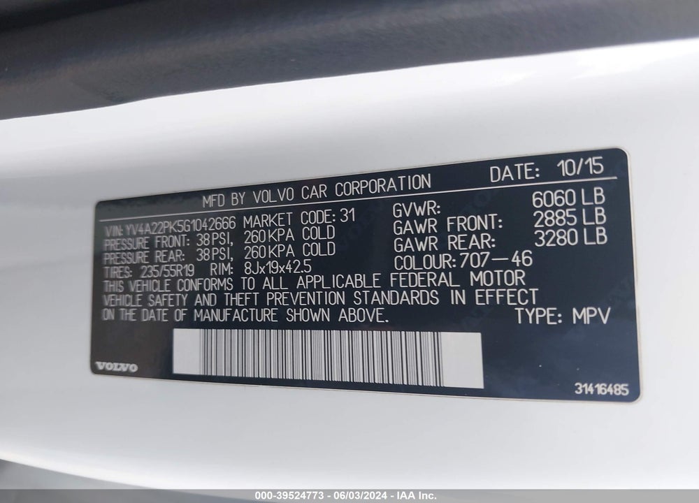 2016 VOLVO XC90 T6 MOMENTUM VIN: YV4A22PK5G1042666
