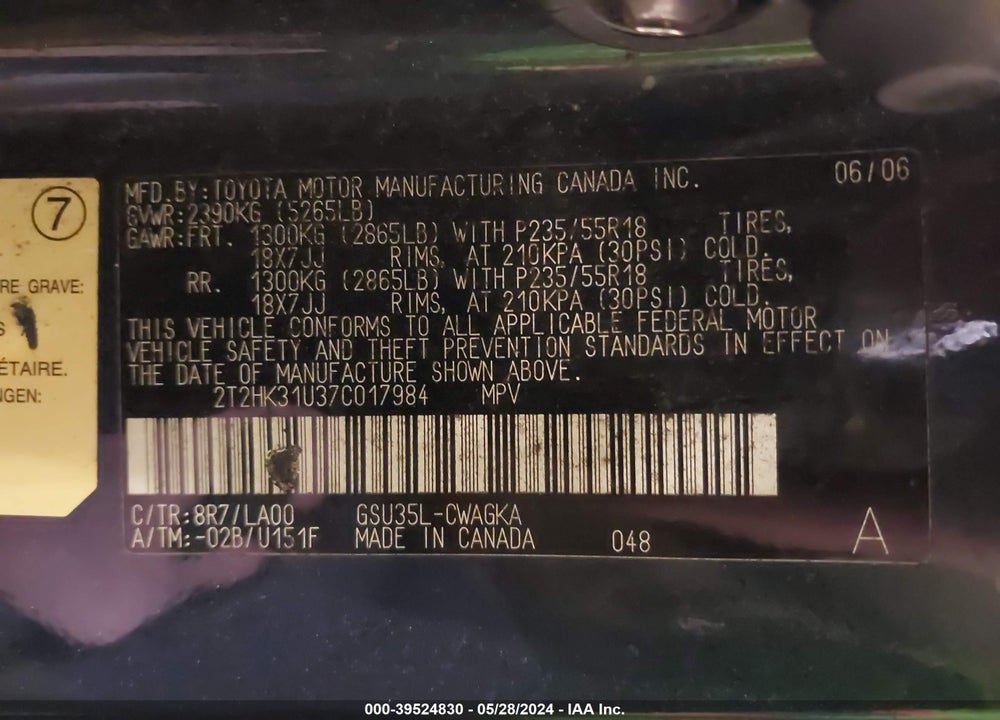 2007 LEXUS RX 350 VIN: 2T2HK31U37C017984