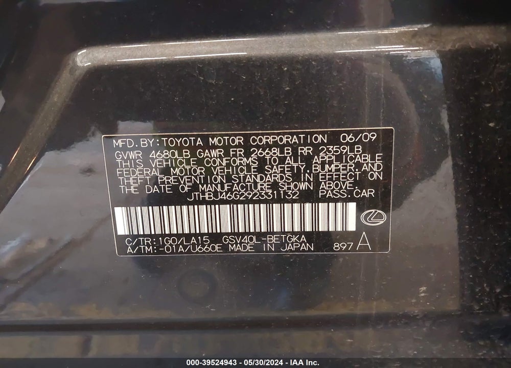 2009 LEXUS ES 350 VIN: JTHBJ46G292331132