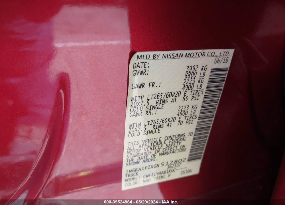 2016 NISSAN TITAN XD PLATINUM RESERVE DIESEL/S DIESEL/SL DIESEL/SV DIESEL VIN: 1N6BA1F2XGN512802