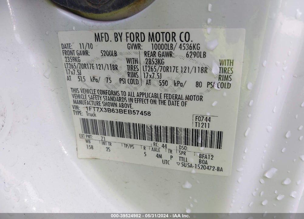 2011 FORD F-350 XLT VIN: 1FT7X3B63BEB57458