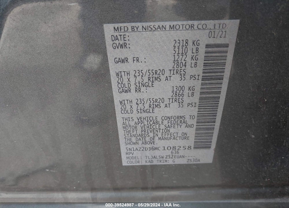 2021 NISSAN MURANO VIN: 5N1AZ2DJ6MC108258