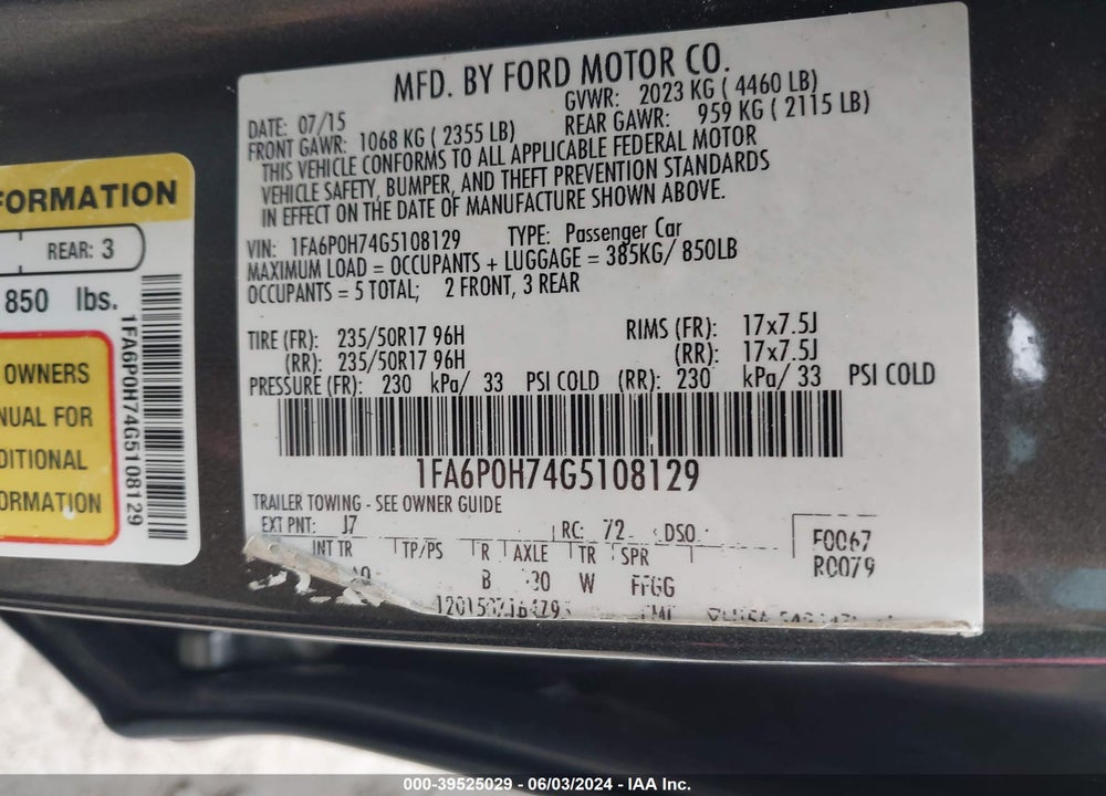 2016 FORD FUSION VIN: 1FA6P0H74G5108129
