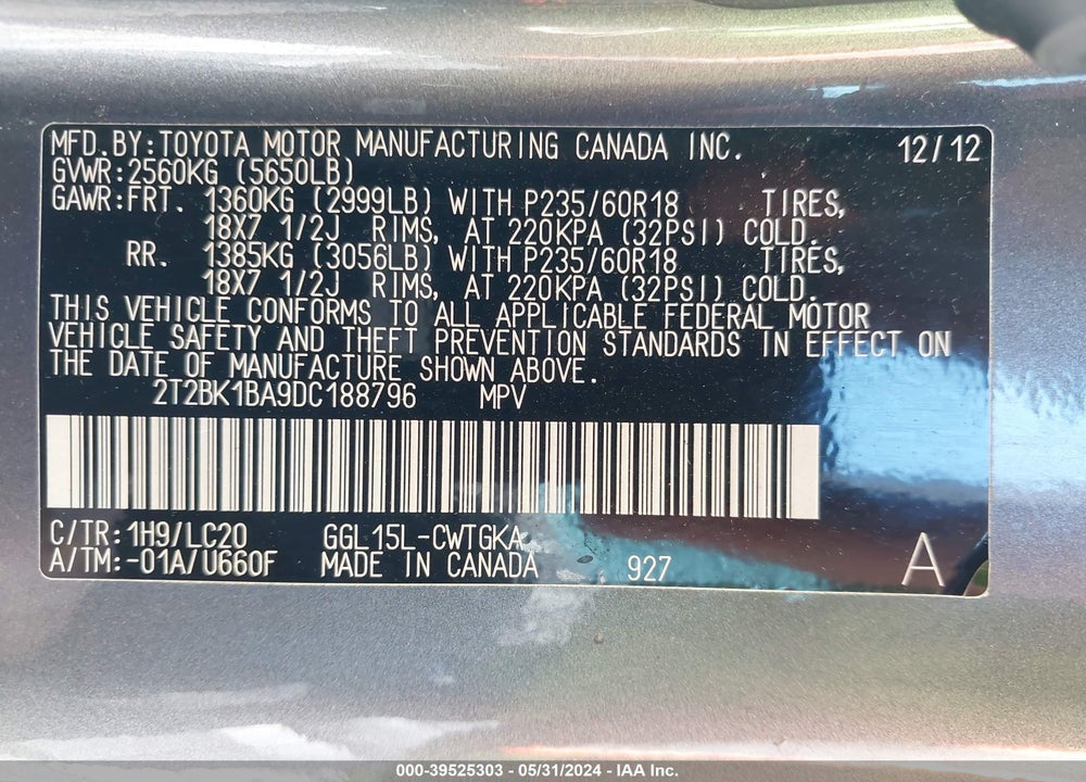 2013 LEXUS RX 350 VIN: 2T2BK1BA9DC188796