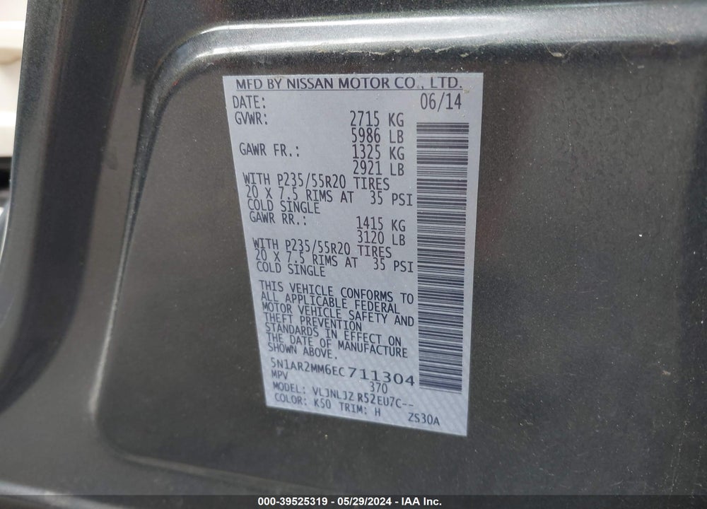 2014 NISSAN PATHFINDER PLATINUM VIN: 5N1AR2MM6EC711304