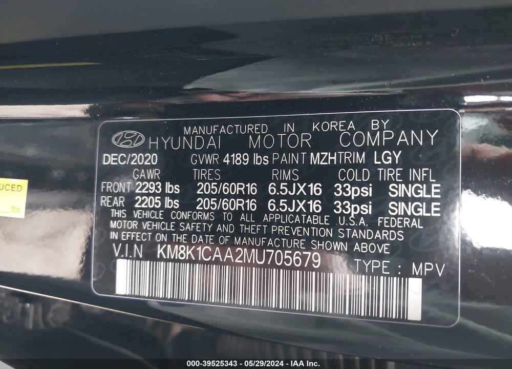 2021 HYUNDAI KONA SE VIN: KM8K1CAA2MU705679