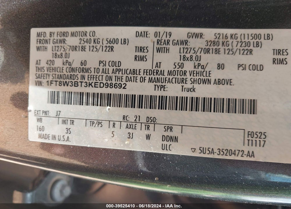 2019 FORD F-350 XLT VIN: 1FT8W3BT3KED98692