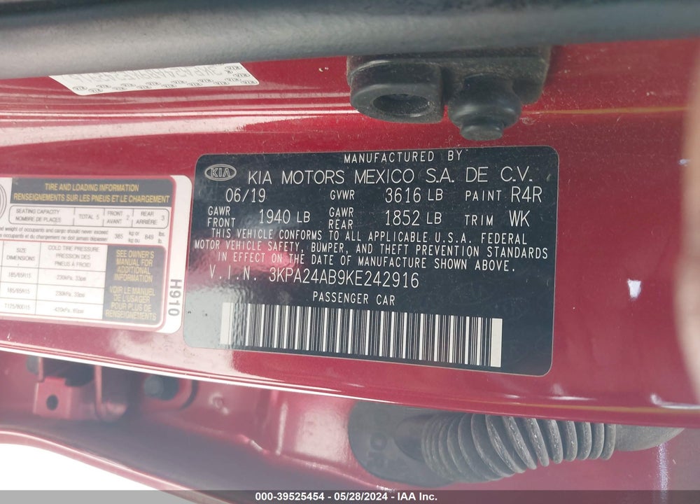 2019 KIA RIO S VIN: 3KPA24AB9KE242916