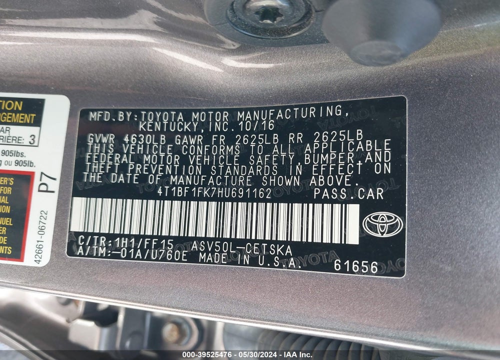 2017 TOYOTA CAMRY SE VIN: 4T1BF1FK7HU691162