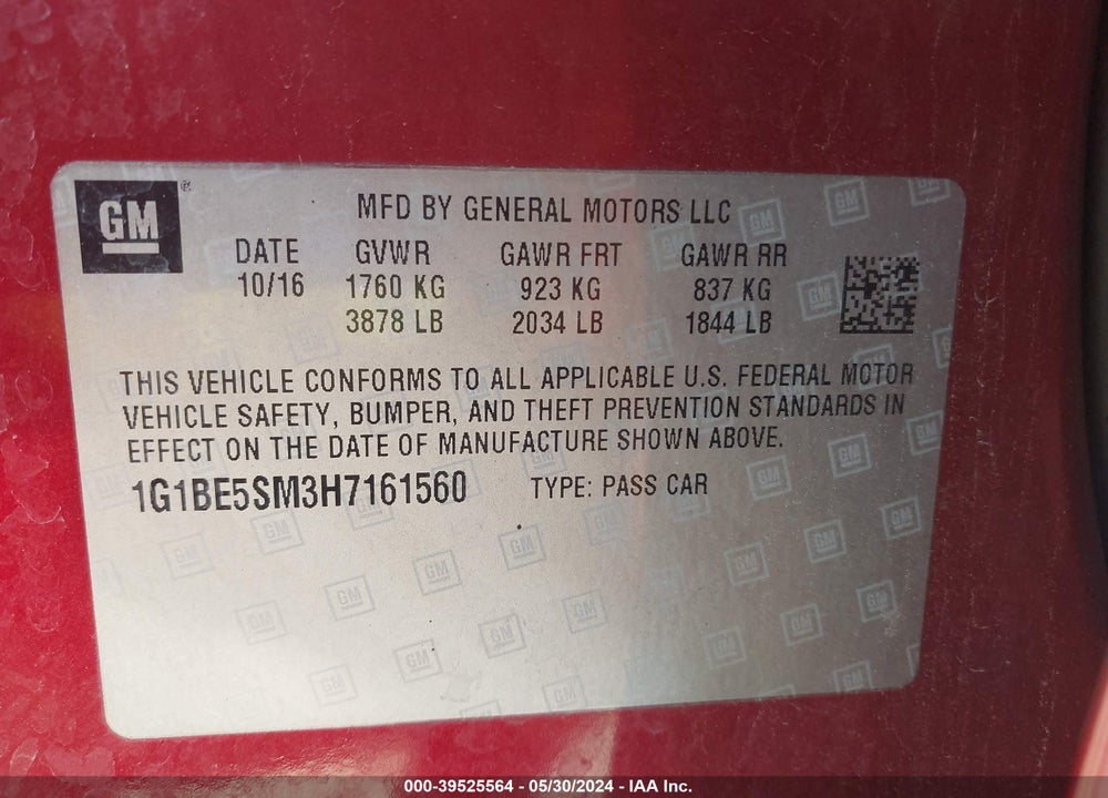 2017 CHEVROLET CRUZE LT AUTO VIN: 1G1BE5SM3H7161560