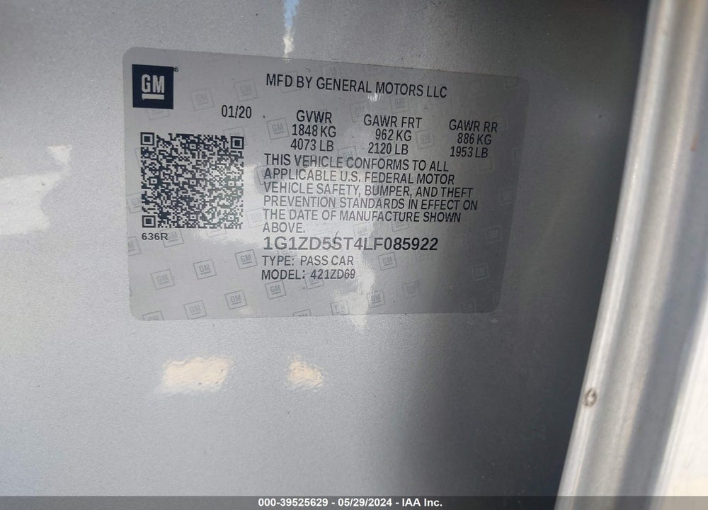 2020 CHEVROLET MALIBU FWD LT VIN: 1G1ZD5ST4LF085922