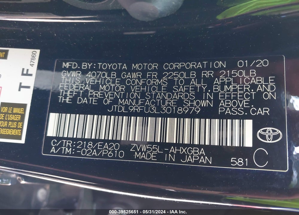 2020 TOYOTA PRIUS XLE AWD-E VIN: JTDL9RFU3L3018979