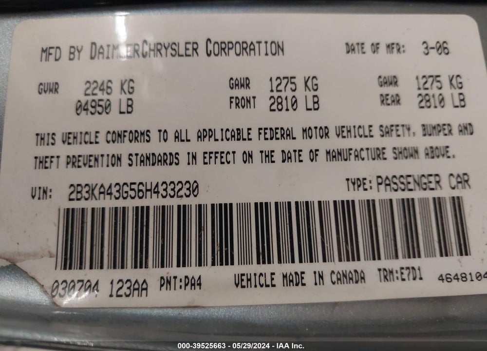 2006 DODGE CHARGER VIN: 2B3KA43G56H433230