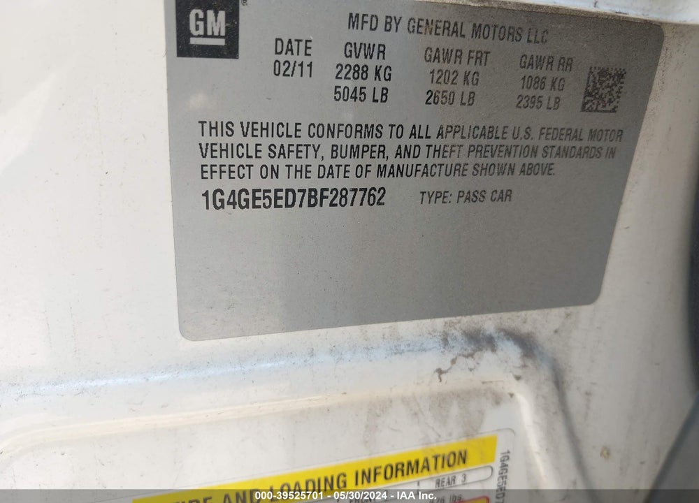 2011 BUICK LACROSSE CXS VIN: 1G4GE5ED7BF287762