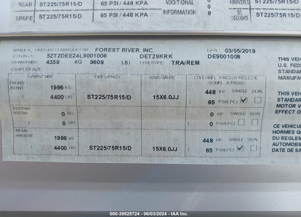 2020 FOREST RIVER OTHER VIN: 5ZT2DEE24L9001008