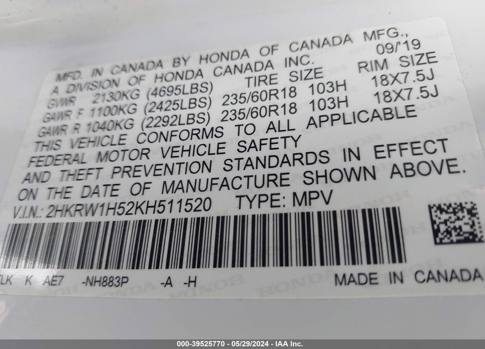 2019 HONDA CR-V EX VIN: 2HKRW1H52KH511520