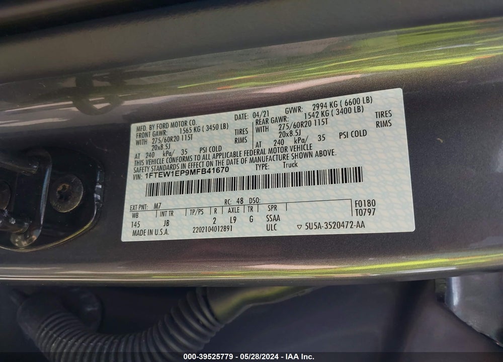 2021 FORD F-150 XL VIN: 1FTEW1EP9MFB41670