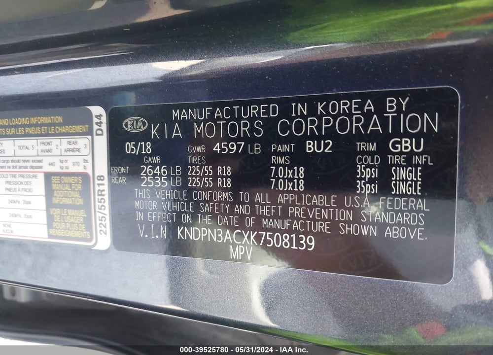 2019 KIA SPORTAGE EX VIN: KNDPN3ACXK7508139