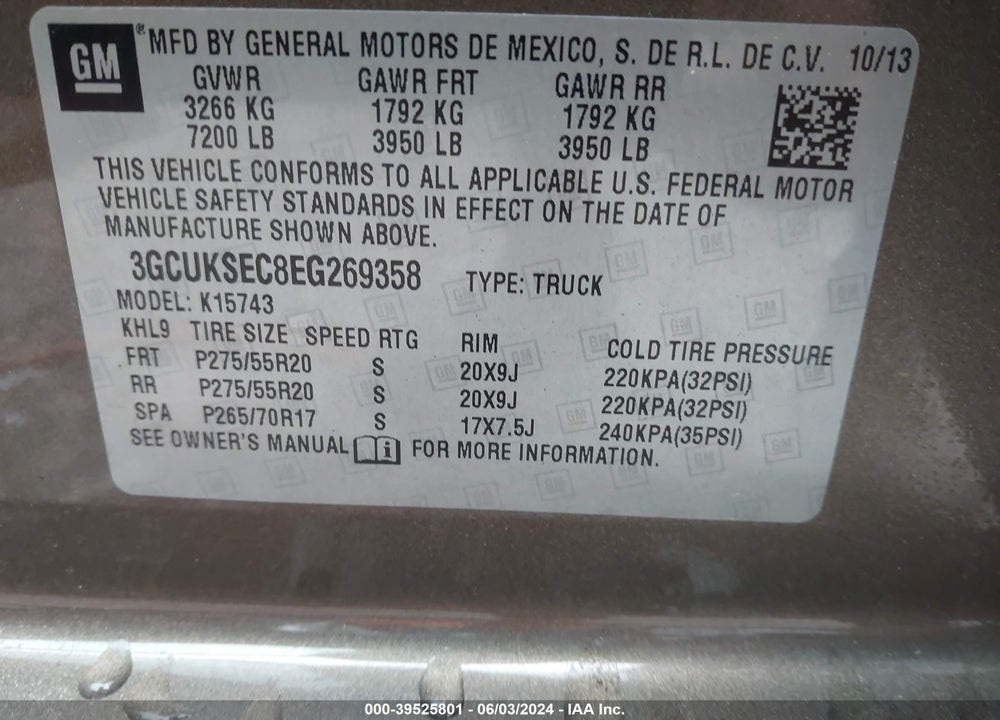 2014 CHEVROLET SILVERADO 1500 2LZ VIN: 3GCUKSEC8EG269358