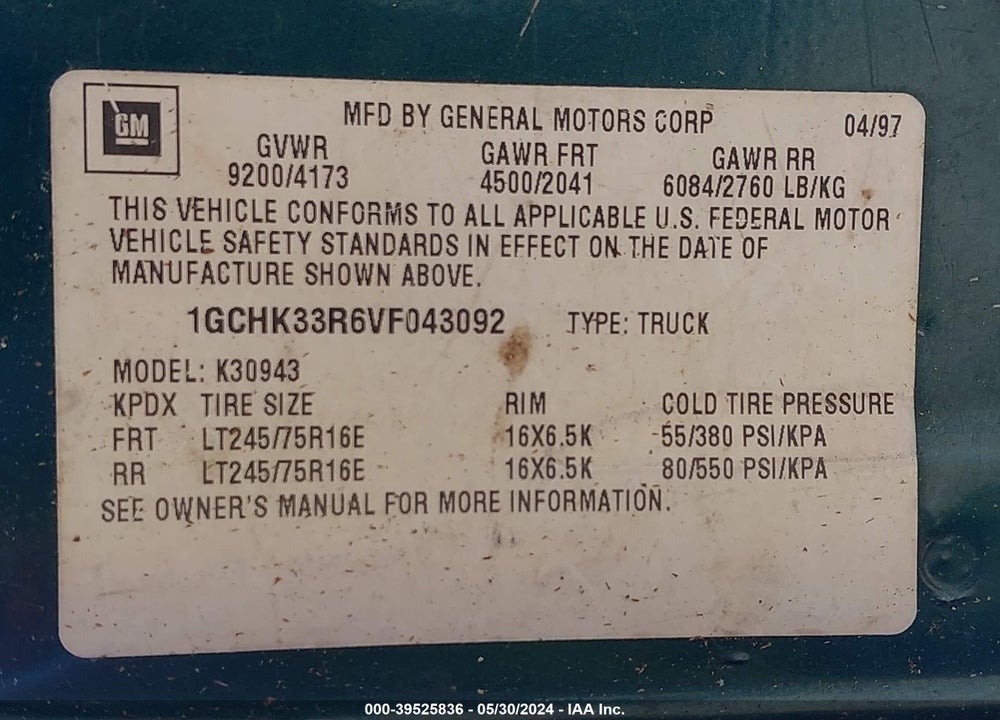 1997 CHEVROLET K3500 HD FLEETSIDE VIN: 1GCHK33R6VF043092