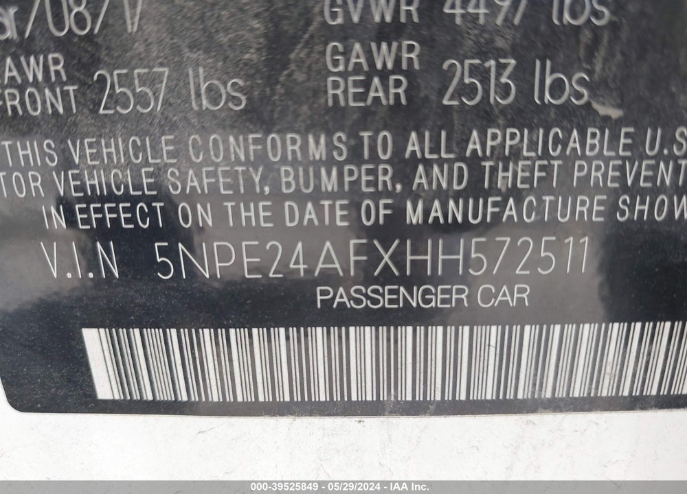 2017 HYUNDAI SONATA VIN: 5NPE24AFXHH572511