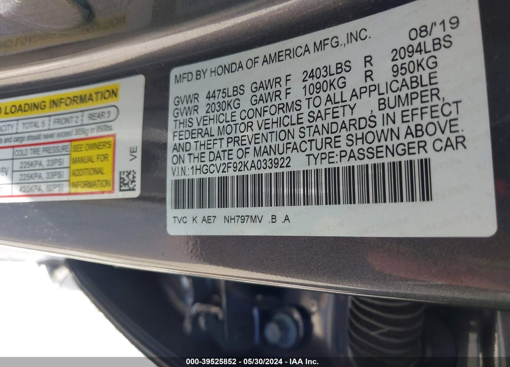 2019 HONDA ACCORD TOURING 2.0T VIN: 1HGCV2F92KA033922