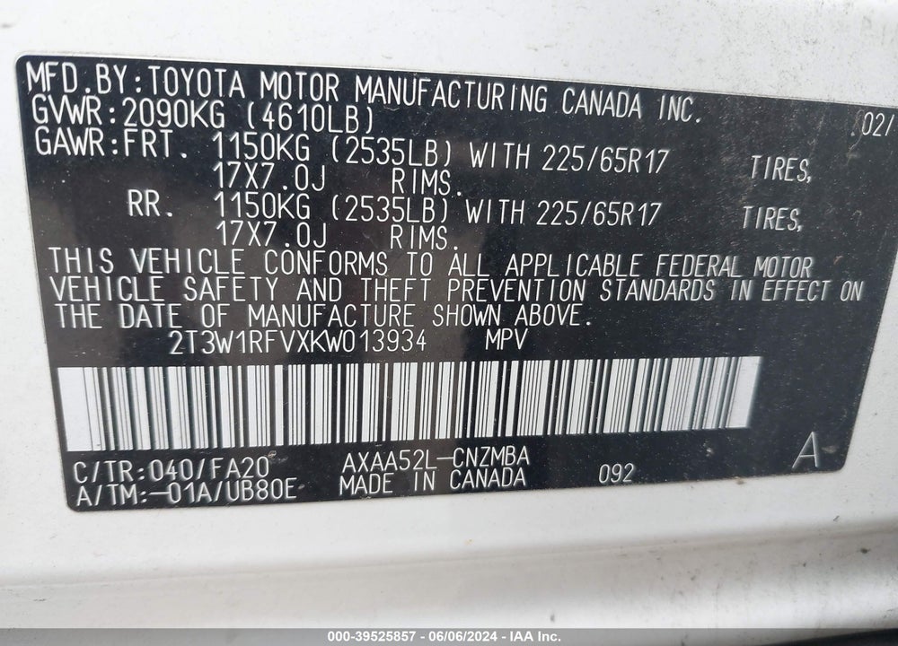 2019 TOYOTA RAV4 XLE VIN: 2T3W1RFVXKW013934