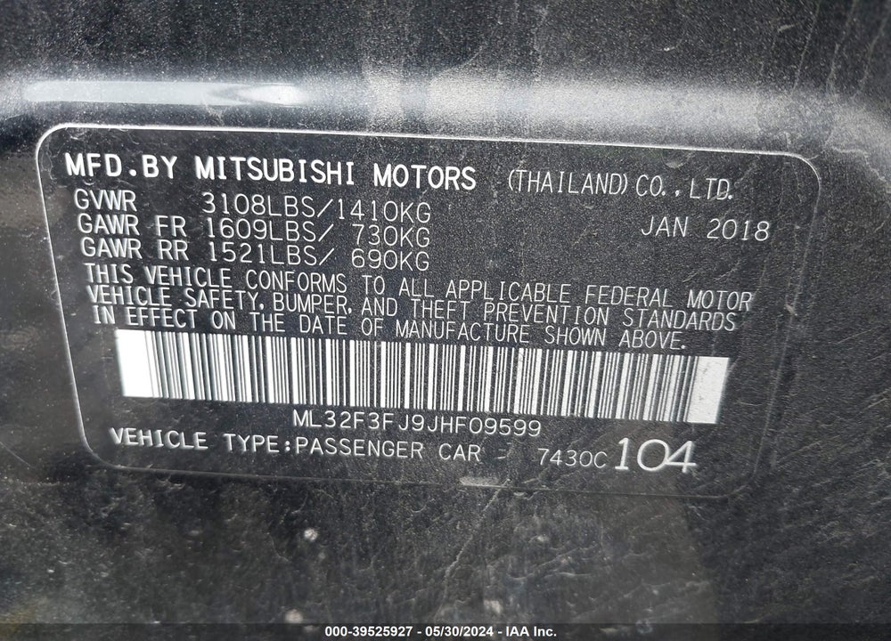2018 MITSUBISHI MIRAGE G4 ES VIN: ML32F3FJ9JHF09599