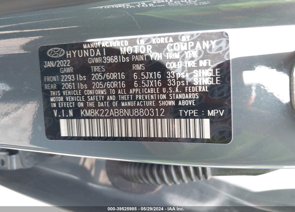 2022 HYUNDAI KONA SE VIN: KM8K22AB8NU880312