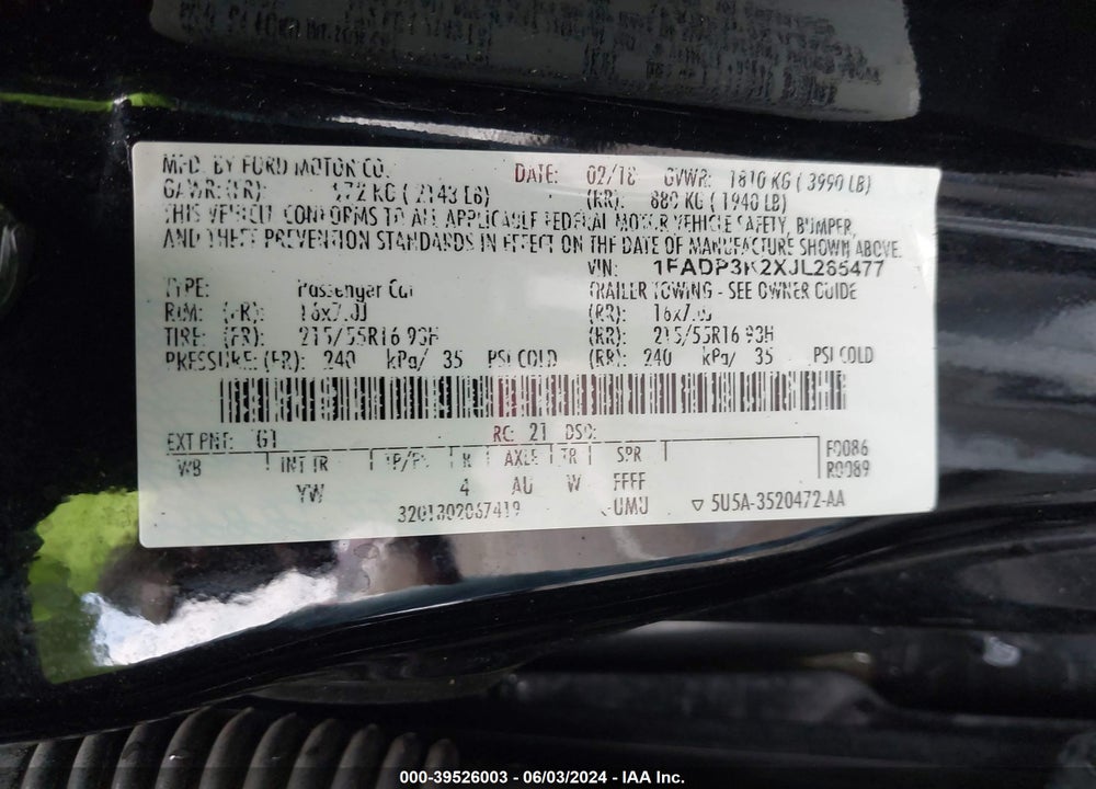 2018 FORD FOCUS SE VIN: 1FADP3K2XJL265477