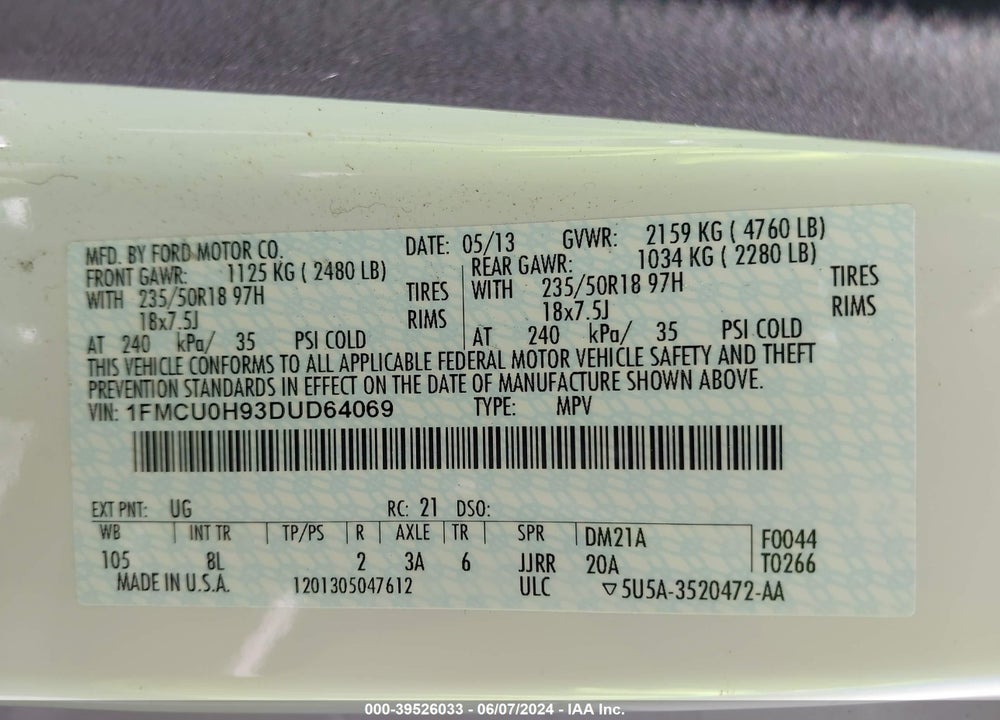 2013 FORD ESCAPE SEL VIN: 1FMCU0H93DUD64069