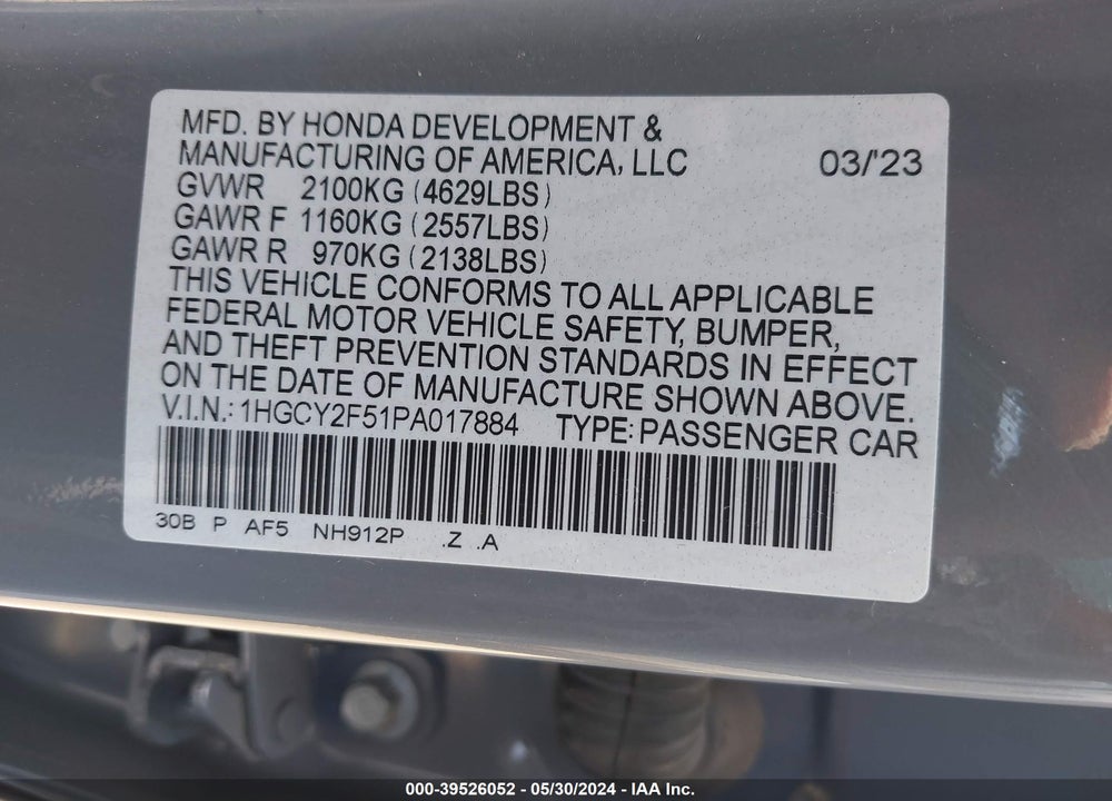 2023 HONDA ACCORD HYBRID SPORT VIN: 1HGCY2F51PA017884