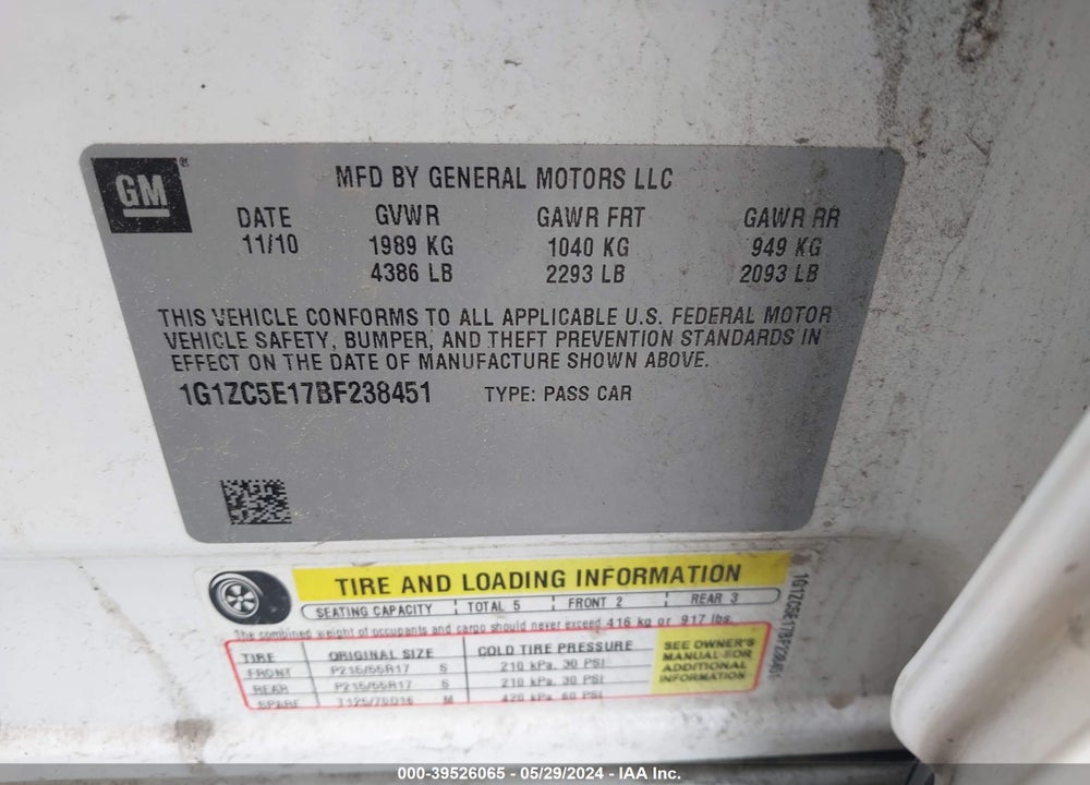 2011 CHEVROLET MALIBU 1LT VIN: 1G1ZC5E17BF238451