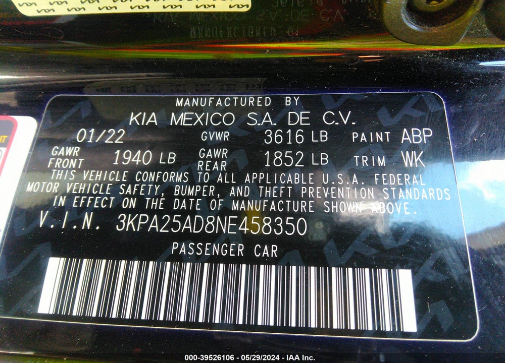 2022 KIA RIO 5-DOOR S VIN: 3KPA25AD8NE458350